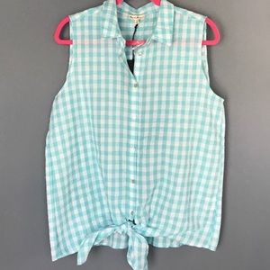 Jane & Delancey Checker Plaid Sleeveless Tie Hem Button Up Top Blue White NWT XS